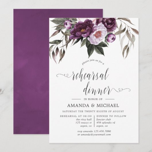 Invitation Dîner de répétition de mariage floral en velours p (Devant / Derrière)