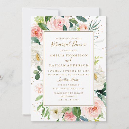 Invitation Dîner de répétition de Mariage Floral Gold Blush (Devant)
