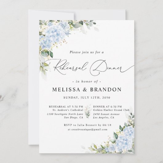 Invitation Dîner de Répétition de Mariage Floral Hydrangea Bl (Devant)