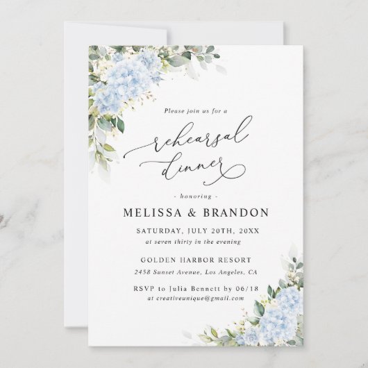 Invitation Dîner de répétition de mariage floral Hydrangea bl (Devant)