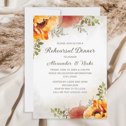 Invitation Dîner de répétition de mariage floral orange brûlé