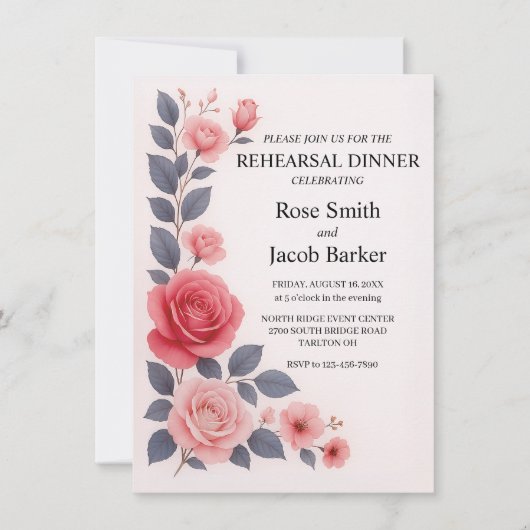 Invitation Dîner de répétition de Mariage floral Rose (Devant)