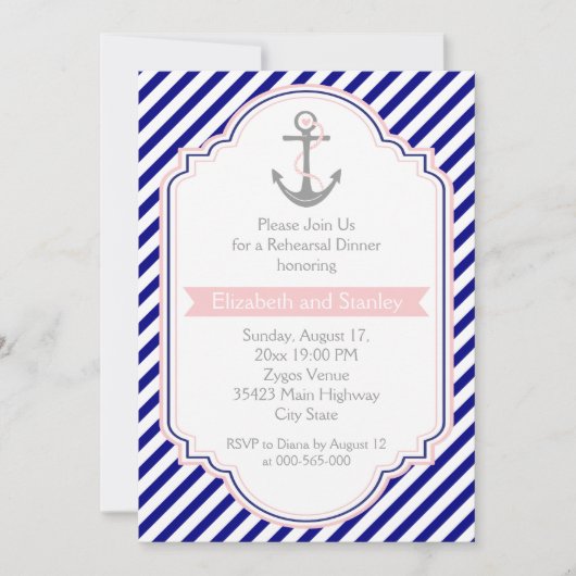Invitation Dîner de répétition de mariage nautique rose bleu  (Devant)