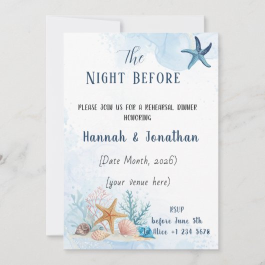 Invitation Dîner de répétition de mariage Romance Côtière (Devant)