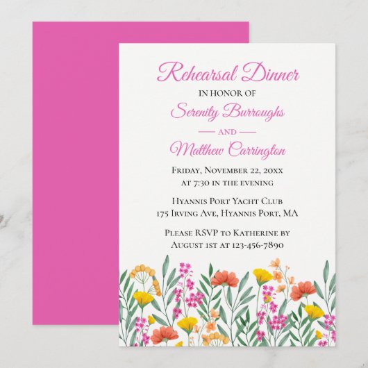 Invitation Dîner de répétition de Mariage rose fleur sauvage (Devant / Derrière)