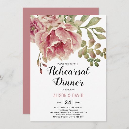 Invitation Dîner de répétition de mariage rose rose (Devant / Derrière)