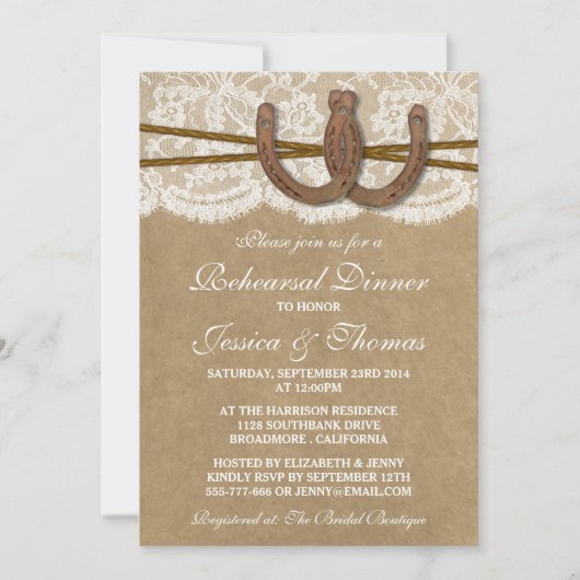 Invitation Dîner de répétition de Mariage Rustic Horseshoe (Devant)