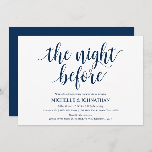 Invitation Dîner de répétition de mariage rustique, bleu mari (Devant / Derrière)