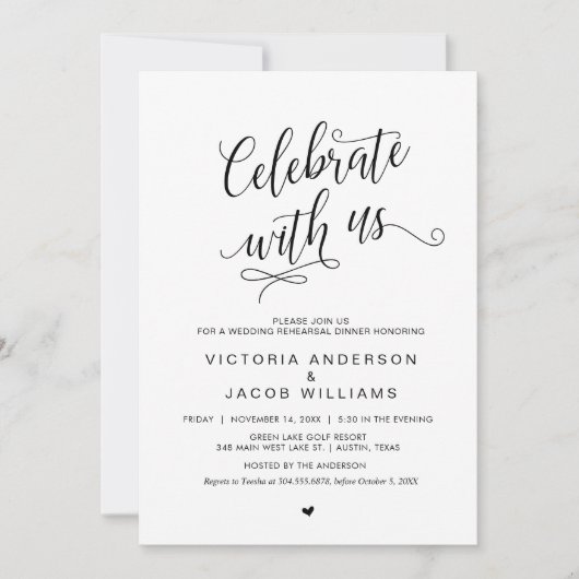 Invitation Dîner de répétition de mariage, simple classe noir (Devant)