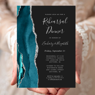 Invitation Dîner de répétition de mariage Teal Silver Agate D