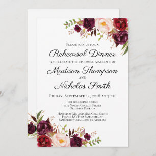Invitation Dîner de répétition de marsala et rose floral Invi