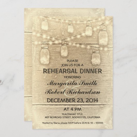 Invitation dîner de répétition de mason jars style rustique (Devant / Derrière)
