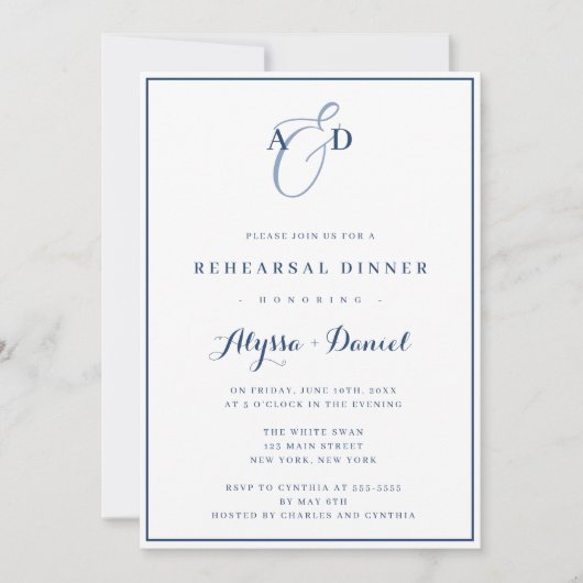 Invitation Dîner de répétition de monogramme bleu de la Marin (Devant)