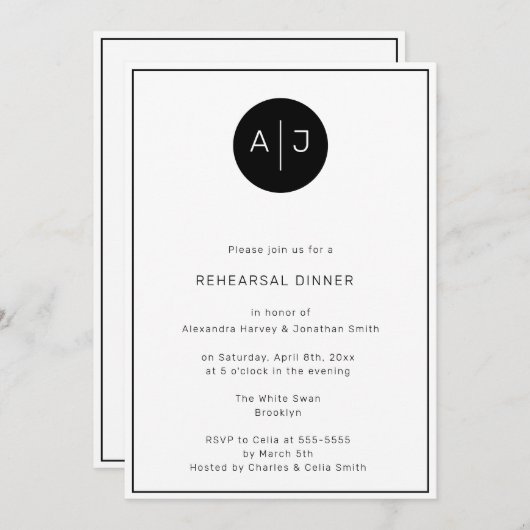 Invitation Dîner de répétition de monogramme noir et blanc In (Devant / Derrière)