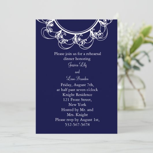 Invitation Dîner de répétition de monogrammes fantaisie bleu (Debout devant)