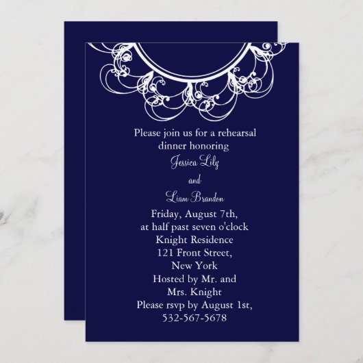 Invitation Dîner de répétition de monogrammes fantaisie bleu (Devant / Derrière)