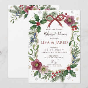 Invitation Dîner de répétition de Noël floral ruban rouge d'h