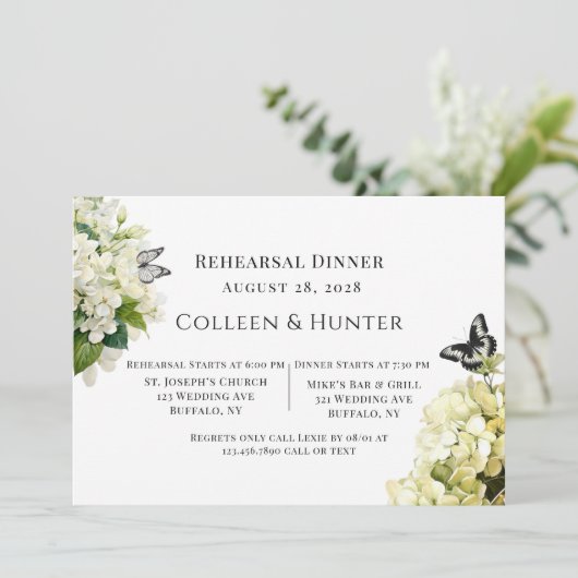 Invitation Dîner de répétition de papillon Floral Hydrangea b (Debout devant)