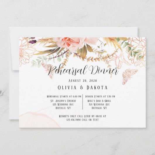 Invitation Dîner de répétition de papillon rose chic (Devant)