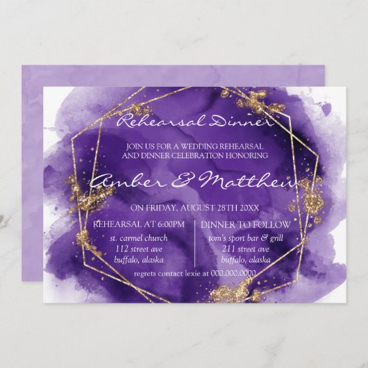 Invitation Dîner de répétition de peinture or violet Lavender (Devant / Derrière)