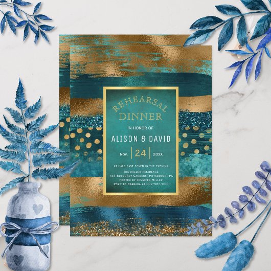 Invitation Dîner de répétition de pinceau or et turquoise