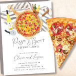 Invitation Dîner de répétition de pizza et de brasse<br><div class="desc">Pizza et brasses décontractées amusantes avant le dîner de répétition de I-do invitation avec une pizza sur une peau de pizza avec des bouteilles de bière et de vin sur une nappe neutre taupe & rayures blanches. Disponible dans notre pour cette conception en bleu</div>