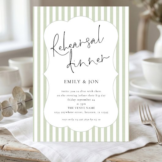 Invitation Dîner de répétition de script à rayures vert sauge