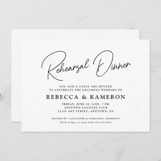 Invitation Dîner de répétition de script budget blanc (Devant / Derrière)