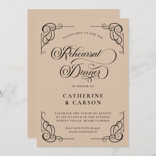 Invitation Dîner de répétition de script de calligraphie beig (Devant / Derrière)