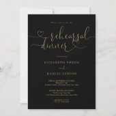 Invitation Dîner de répétition de script de coeur noir et or (Devant)