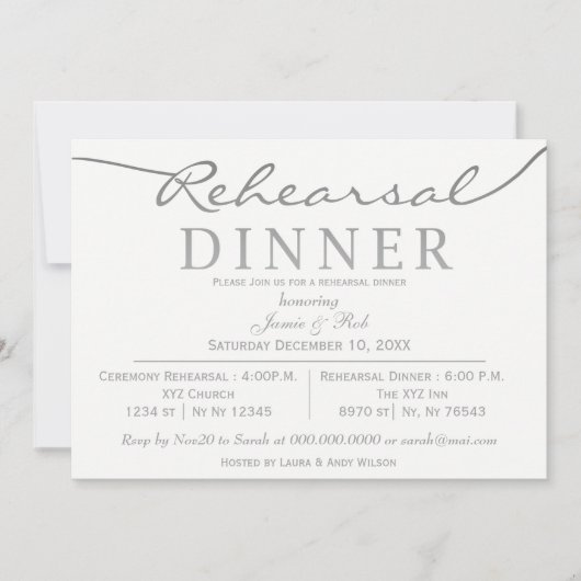 Invitation Dîner de répétition de script élégant blanc et arg (Devant)