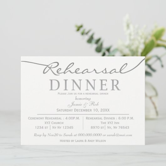 Invitation Dîner de répétition de script élégant blanc et arg (Debout devant)