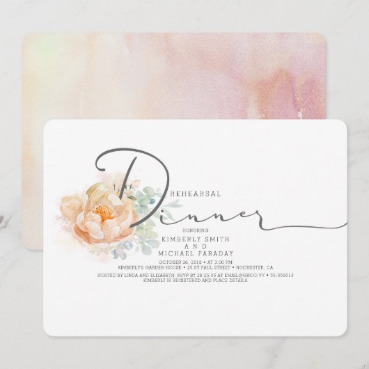 Invitation Dîner de répétition de script floral de pêche et d (Devant / Derrière)