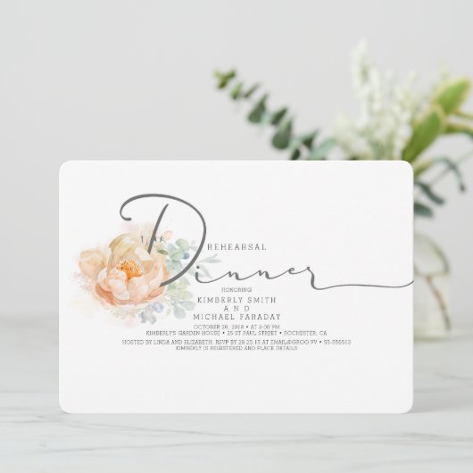 Invitation Dîner de répétition de script floral de pêche et d (Debout devant)