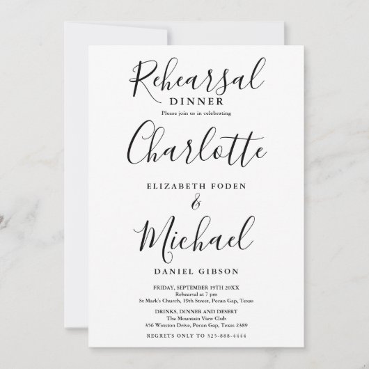 Invitation Dîner de répétition de script noir et blanc (Devant)
