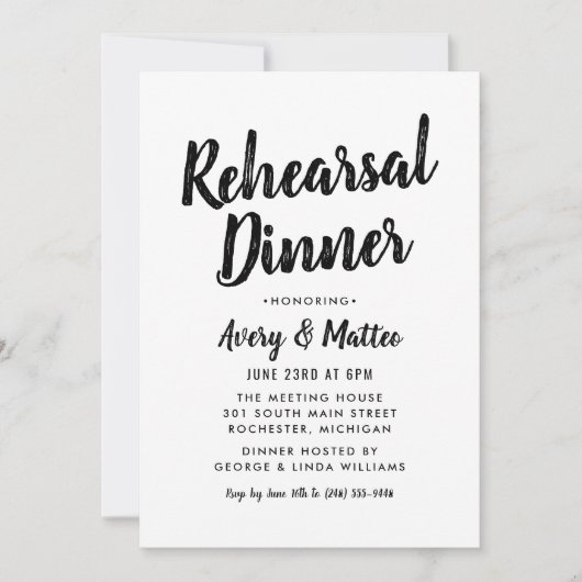 Invitation Dîner de répétition de script noir moderne (Devant)