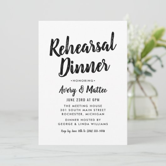 Invitation Dîner de répétition de script noir moderne (Debout devant)