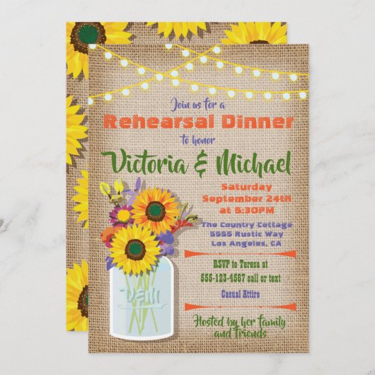 Invitation Dîner de répétition de Sunflower Mason Jar Burlap (Devant / Derrière)
