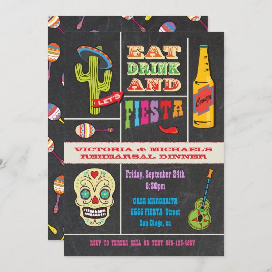 Invitation Dîner de répétition de tableau noir Fiesta mexicai (Devant / Derrière)