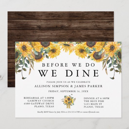 Invitation Dîner de répétition de tournesol de pays Invitatio (Devant / Derrière)