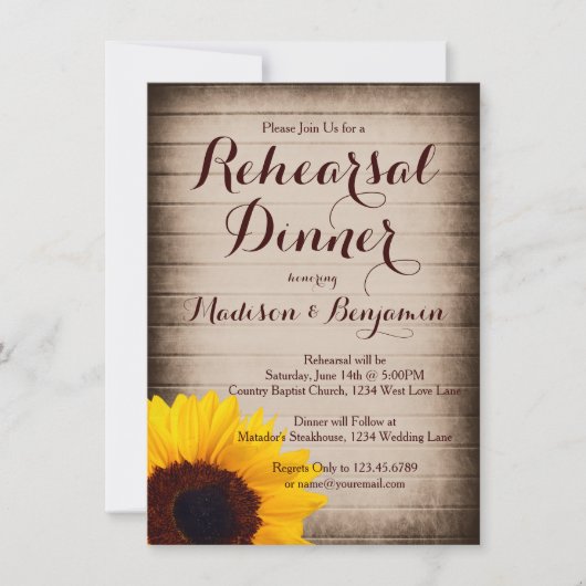 Invitation Dîner de répétition de tournesol en bois rustique (Devant)