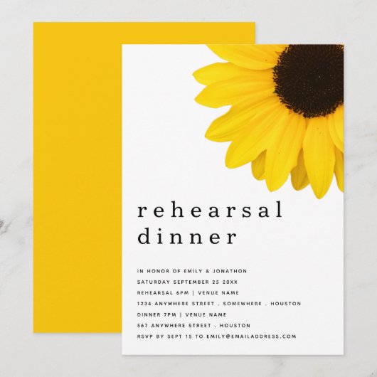 Invitation Dîner de répétition de tournesol jaune rustique (Devant / Derrière)
