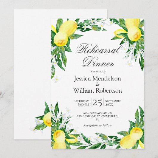 Invitation Dîner de répétition de verdure de fleurs de citron (Devant / Derrière)