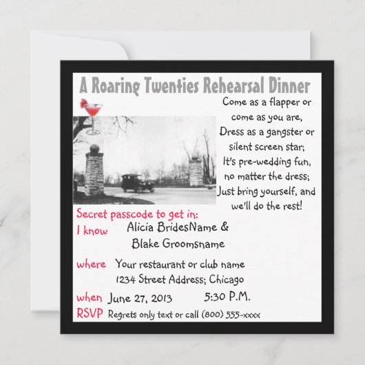 Invitation Dîner de répétition des années 20 (Devant)