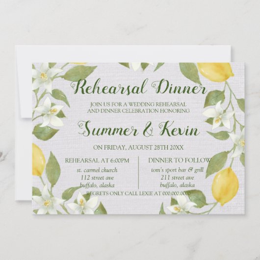 Invitation Dîner de répétition des citrons et de l'aquarelle (Devant)