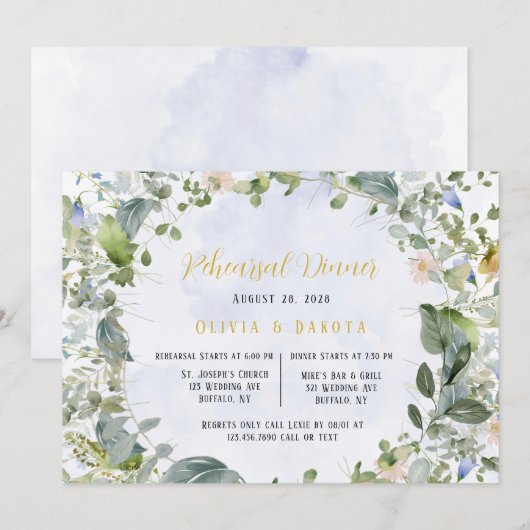 Invitation Dîner de répétition des Fleurs sauvages Dusty Blue (Devant / Derrière)