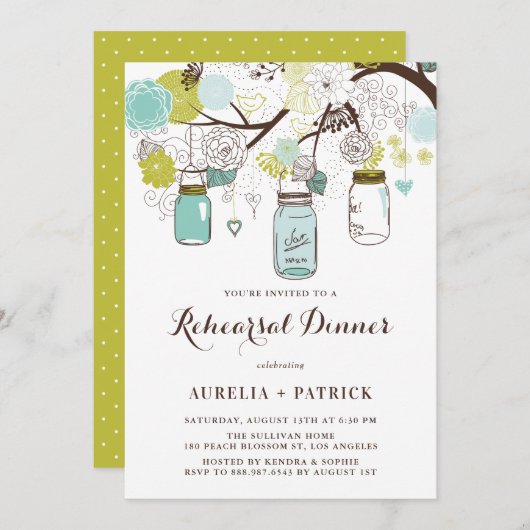 Invitation Dîner de répétition des jarres Mason bleu clair et (Devant / Derrière)