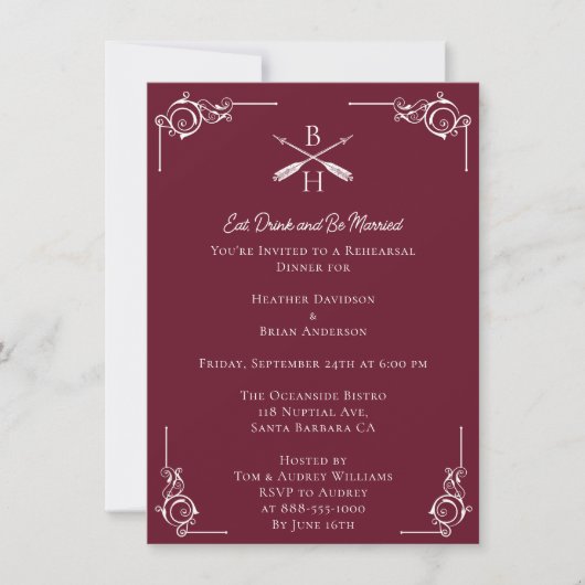 Invitation Dîner de répétition des Monogrammes et flèches rou (Devant)
