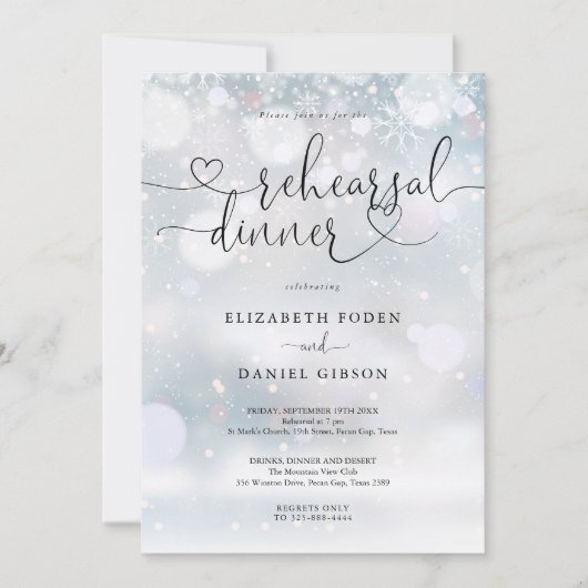 Invitation Dîner de répétition d'hiver Elegant Heart Script (Devant)