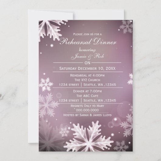 Invitation Dîner de répétition d'hiver rose Gold Snowflakes (Devant)